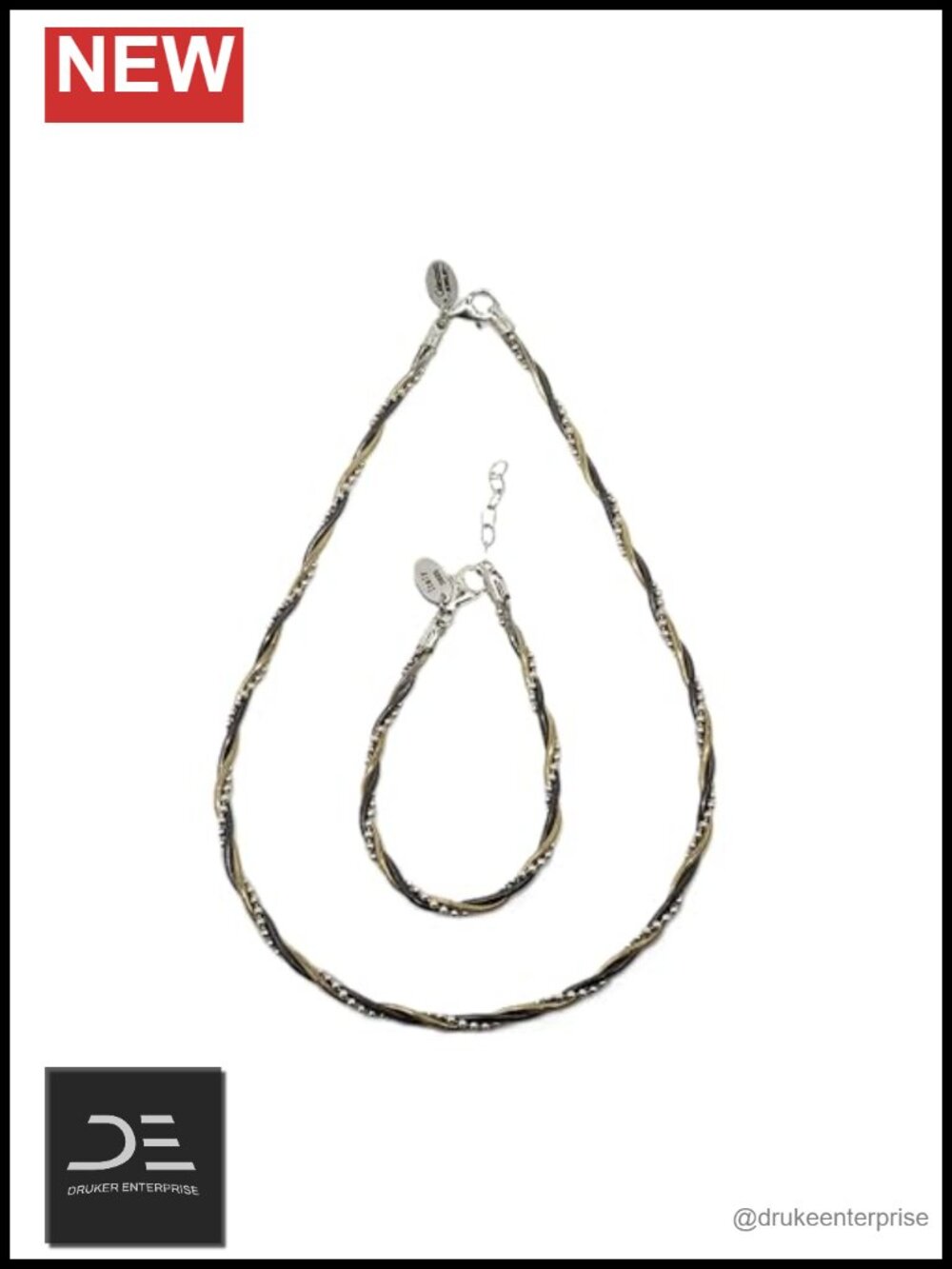 925 Sterling Silver Spiga Chain Necklace Bracelet Set Two Tone Gold Accents